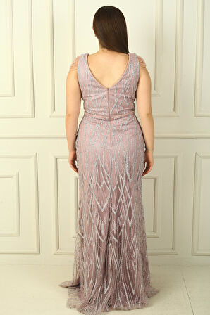 Kadın Omzu Püsküllü Astarlı Boncuk Ve Taşlı Büyük Beden Uzun Elbise