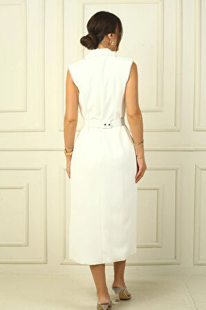 Kadın Kruvaze Yaka Astarlı Önü Düğmeli Taş Detaylı Kemerli Krep Elbise