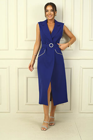 Kadın Kruvaze Yaka Astarlı Önü Düğmeli Taş Detaylı Kemerli Krep Elbise