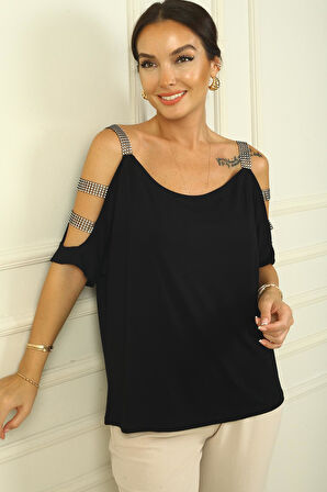 Kolu Taş Şerit Dekolteli Rahat Kalıp Bluz