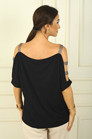 Kolu Taş Şerit Dekolteli Rahat Kalıp Bluz