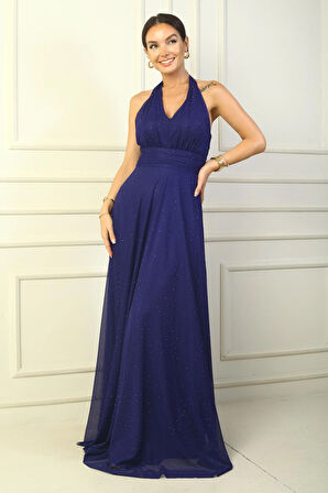 Boyundan Bağlamalı Taş Yapıştırmalı Astarlı Uzun Tül Elbise