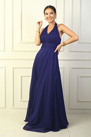 Boyundan Bağlamalı Taş Yapıştırmalı Astarlı Uzun Tül Elbise