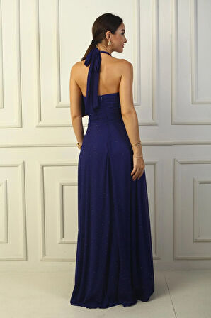 Boyundan Bağlamalı Taş Yapıştırmalı Astarlı Uzun Tül Elbise