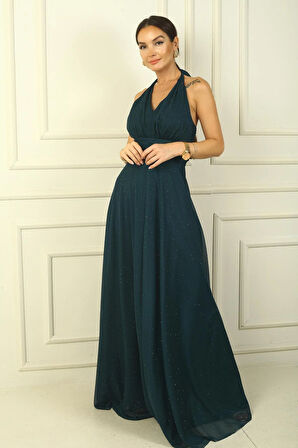 Boyundan Bağlamalı Taş Yapıştırmalı Astarlı Uzun Tül Elbise