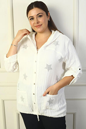 Kapüşonlu Metal Düğmeli Yıldız Desenli Cepli Eteği Bağcıklı Kol Katlamalı Astarsız Büyük Beden Ceket