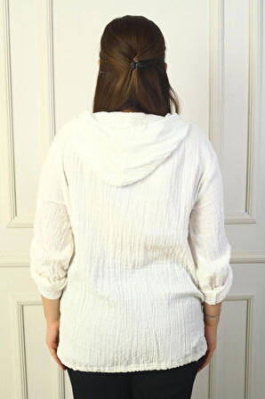 Kapüşonlu Metal Düğmeli Yıldız Desenli Cepli Eteği Bağcıklı Kol Katlamalı Astarsız Büyük Beden Ceket