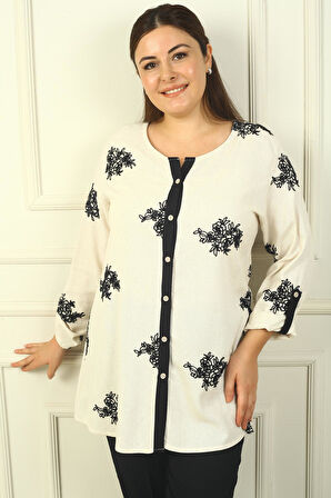 Kadın Kol Katlamalı Nakışlı B.B. Keten Gömlek