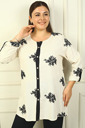 Kadın Kol Katlamalı Nakışlı B.B. Keten Gömlek