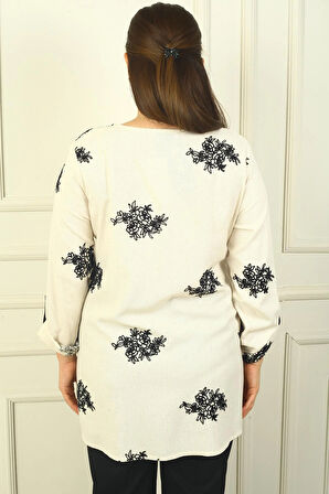 Kadın Kol Katlamalı Nakışlı B.B. Keten Gömlek