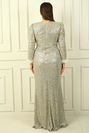 Önü Büzgülü V Yaka Kol Uçları Tüylü B.Beden Elbise