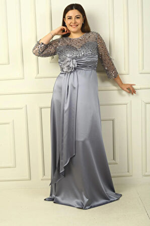 KadınÇiçekli Altı Saten Üstü Gritel Astarlı B.B. Uzun Elbise