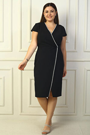 Kadın Kruvaze Yaka Yarım Ay Kollu Taş Detaylı Önü Yırtmaçlı B.B. Elbise