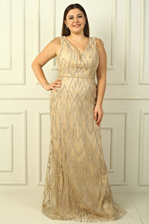 Kadın Omzu Püsküllü Astarlı Boncuk Ve Taşlı Büyük Beden Uzun Elbise