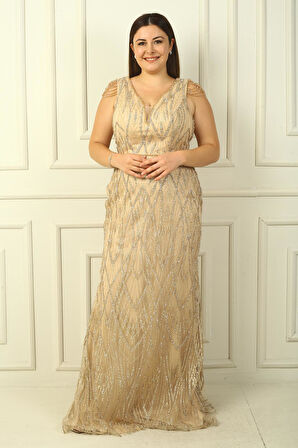 Kadın Omzu Püsküllü Astarlı Boncuk Ve Taşlı Büyük Beden Uzun Elbise