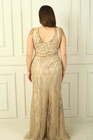 Kadın Omzu Püsküllü Astarlı Boncuk Ve Taşlı Büyük Beden Uzun Elbise