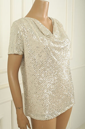 Kadın Degaje Yaka Astarlı Pulpayet Büyük Beden Bluz