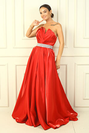 Kadın Straplez Arkadan Bağcıklı Kemeri Taşlı Astarlı Pileli Saten Tam Daire Kloş Elbise