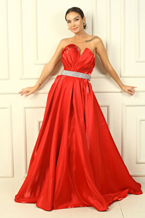 Kadın Straplez Arkadan Bağcıklı Kemeri Taşlı Astarlı Pileli Saten Tam Daire Kloş Elbise