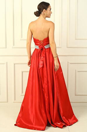 Kadın Straplez Arkadan Bağcıklı Kemeri Taşlı Astarlı Pileli Saten Tam Daire Kloş Elbise