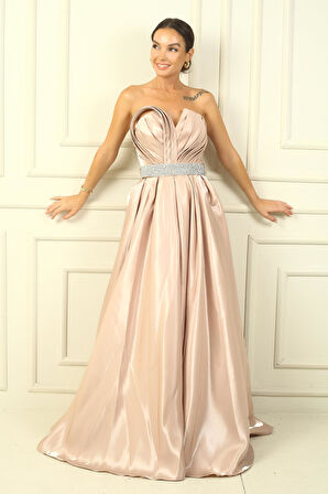 Kadın Straplez Arkadan Bağcıklı Kemeri Taşlı Astarlı Pileli Saten Tam Daire Kloş Elbise