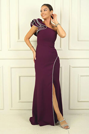 Tek Marul Omuzlu Astarlı Parlak Taş Detaylı Krep Balık Abiye Elbise