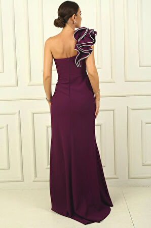 Tek Marul Omuzlu Astarlı Parlak Taş Detaylı Krep Balık Abiye Elbise