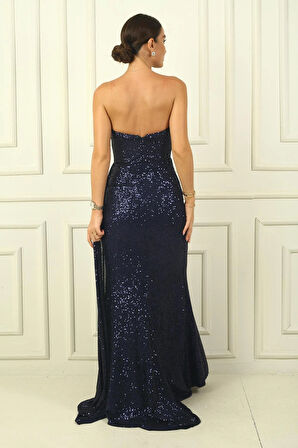 Önü Drapeli Astarlı Straplez Pulpayet Uzun Elbise