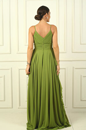 Kadın İp Askılı Yanları Yırtmaçlı Astarlı Volanlı Şifon Uzun Elbise