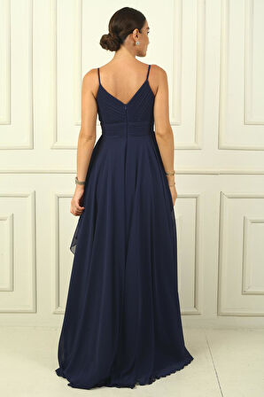 Kadın İp Askılı Yanları Yırtmaçlı Astarlı Volanlı Şifon Uzun Elbise