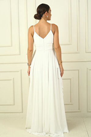 Kadın İp Askılı Yanları Yırtmaçlı Astarlı Volanlı Şifon Uzun Elbise