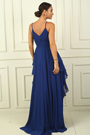 Kadın İp Askılı Yanları Yırtmaçlı Astarlı Volanlı Şifon Uzun Elbise