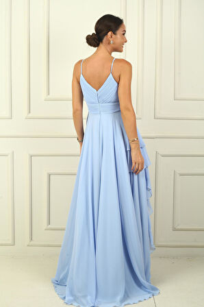 Kadın İp Askılı Yanları Yırtmaçlı Astarlı Volanlı Şifon Uzun Elbise