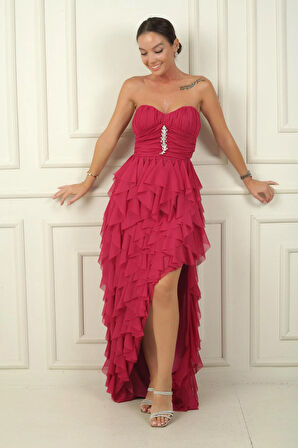 Straplez Önü Taş Detaylı Drapeli Astarlı Yanı Yırtmaçlı Volanlı Uzun Tül Elbise