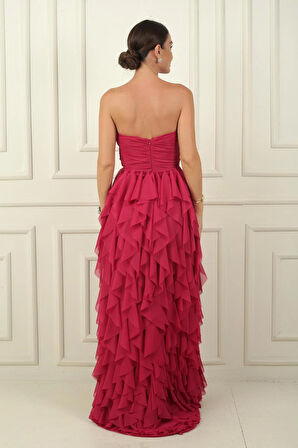 Straplez Önü Taş Detaylı Drapeli Astarlı Yanı Yırtmaçlı Volanlı Uzun Tül Elbise