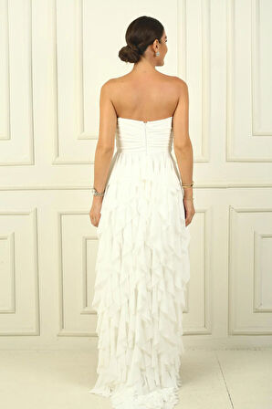 Straplez Önü Taş Detaylı Drapeli Astarlı Yanı Yırtmaçlı Volanlı Uzun Tül Elbise