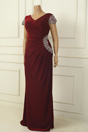 Ön Arka V Yaka Kol Ve Bel Taş Detaylı Astarlı Drapeli Simli Büyük Beden Likralı Uzun Elbise