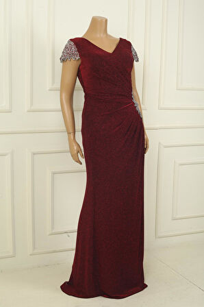 Ön Arka V Yaka Kol Ve Bel Taş Detaylı Astarlı Drapeli Simli Büyük Beden Likralı Uzun Elbise