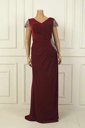 Ön Arka V Yaka Kol Ve Bel Taş Detaylı Astarlı Drapeli Simli Büyük Beden Likralı Uzun Elbise