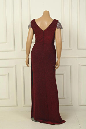 Ön Arka V Yaka Kol Ve Bel Taş Detaylı Astarlı Drapeli Simli Büyük Beden Likralı Uzun Elbise