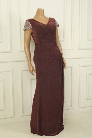 Ön Arka V Yaka Kol Ve Bel Taş Detaylı Astarlı Drapeli Simli Büyük Beden Likralı Uzun Elbise