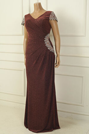 Ön Arka V Yaka Kol Ve Bel Taş Detaylı Astarlı Drapeli Simli Büyük Beden Likralı Uzun Elbise