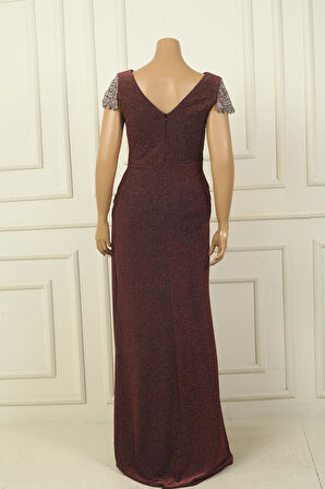 Ön Arka V Yaka Kol Ve Bel Taş Detaylı Astarlı Drapeli Simli Büyük Beden Likralı Uzun Elbise