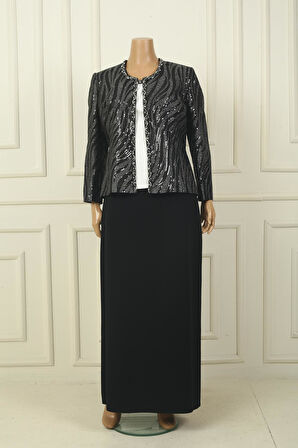 Kadın Pulpayet Ceket Yarım Ay Kollu Bluz Astarlı Krep Uzun Etek Büyük Beden 3'lü Takım