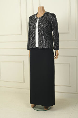 Kadın Pulpayet Ceket Yarım Ay Kollu Bluz Astarlı Krep Uzun Etek Büyük Beden 3'lü Takım