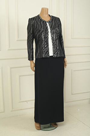 Kadın Pulpayet Ceket Yarım Ay Kollu Bluz Astarlı Krep Uzun Etek Büyük Beden 3'lü Takım