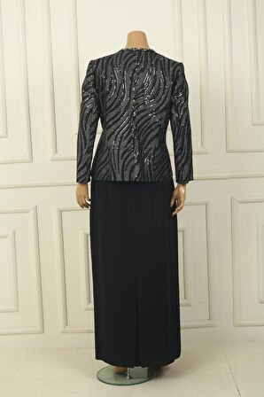 Kadın Pulpayet Ceket Yarım Ay Kollu Bluz Astarlı Krep Uzun Etek Büyük Beden 3'lü Takım