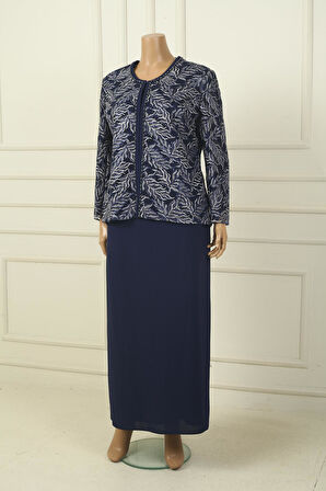 Yakası Boncuk Nakışlı Uzun Elbise Boncuk Pul Nakışlı Ceket Astarlı Büyük Beden 2'li Takım