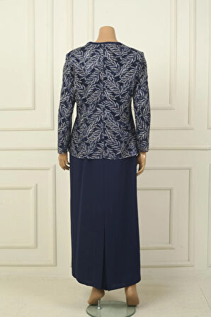 Yakası Boncuk Nakışlı Uzun Elbise Boncuk Pul Nakışlı Ceket Astarlı Büyük Beden 2'li Takım