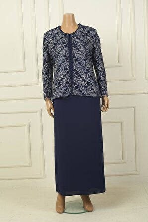 Yakası Boncuk Nakışlı Uzun Elbise Boncuk Pul Nakışlı Ceket Astarlı Büyük Beden 2'li Takım